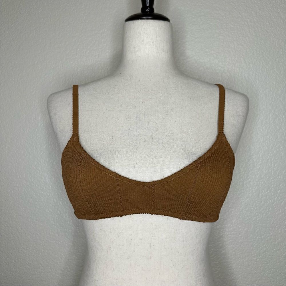 Aerie Scoop Neck Brown Crinkle Textured Bikini Top, Size XS
